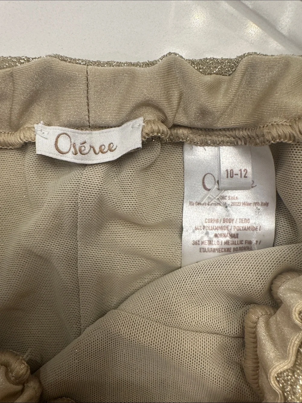 Oséree Kids Gold Lumière ruffled swimsuit & matching shorts size 10/12